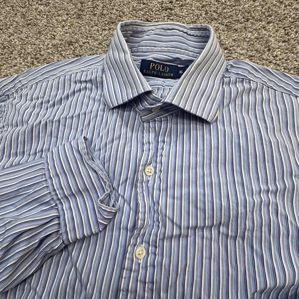 Polo Ralph Lauren Long‎ Sleeve Button Blue White Striped Shirt Pony 16